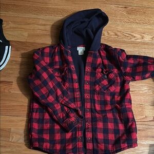 Kids LL Bean Red and Black Plaid Hooded Shirt